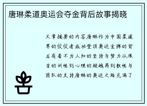 唐琳柔道奥运会夺金背后故事揭晓 唐琳柔道奥运会夺金背后故事揭晓